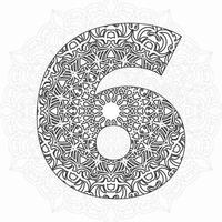 número 6 con mandala. adorno decorativo en estilo étnico oriental. página de libro para colorear. vector