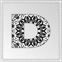 Letter D with Mandala flower. decorative ornament in ethnic oriental style. coloring book page. vector