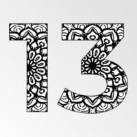 Number 13 with Mandala. decorative ornament in ethnic oriental style. coloring book page. vector