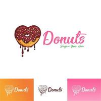 Love Donuts and logo Cafe or bakery emblem Bitten Donuts with lettering and small candies Monochrome option with Choholate cream for topping Cute donut with colored doodle style vector