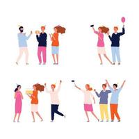 Party people friends birthday celebrating dancing playing eating have fun characters vector
