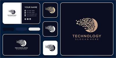 Se enfrentan a la tecnología de datos con el concepto de diseño de logotipo de datos. logotipo de tecnología de cabeza, vector de concepto de logotipo de cabeza de píxel