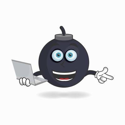 Boom mascot character with laptop in right hand. vector illustration