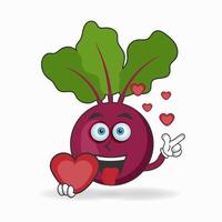 personaje de mascota de cebolla morada sosteniendo un icono de amor. ilustración vectorial vector