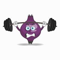 Purple onion mascot character with fitness equipment. vector illustration