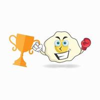 The Egg mascot character wins a boxing trophy. vector illustration