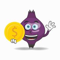 Purple onion mascot character holding coins. vector illustration