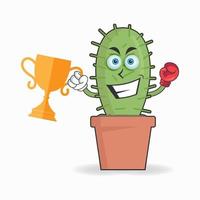 The Cactus mascot character wins a boxing trophy. vector illustration