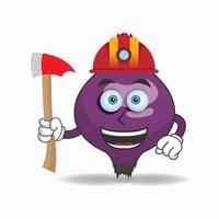 The Purple onion mascot character becomes a firefighter. vector illustration