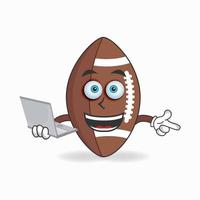 American Football mascot character with laptop in right hand. vector illustration