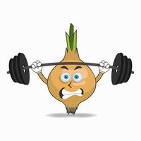 Onion mascot character with fitness equipment. vector illustration