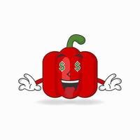 Red paprika mascot character with money making expression. vector illustration