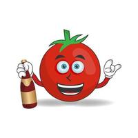 Tomato mascot character holding a bottle. vector illustration