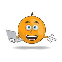 Orange mascot character with laptop in right hand. vector illustration