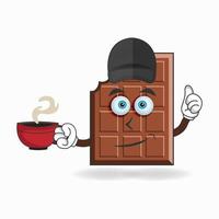 Chocolate mascot character holding a hot cup of coffee. vector illustration