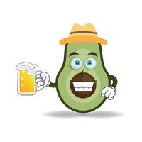 The Avocado mascot character is holding a glass filled with a drink. vector illustration