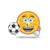 The Orange mascot character becomes a soccer player. vector illustration