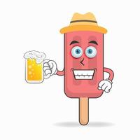 The Red Ice Cream mascot character is holding a glass filled with a drink. vector illustration