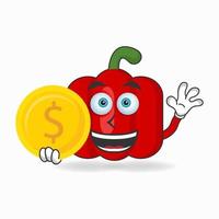 Red paprika mascot character holding coins. vector illustration