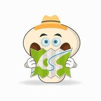 The mushrooms mascot character holds a map. vector illustration