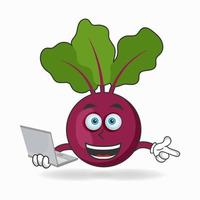 Onion Purple mascot character with laptop in right hand. vector illustration