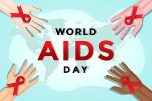 world aids day with 4 hands have a bow ribbon vector