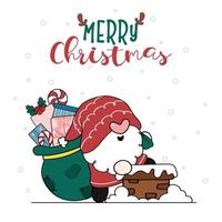 Cute happy smile Santa Gnome carries sack bag of gifts going into a house chimney, Merry Christmas, cartoon doodle hand drawn flat vector