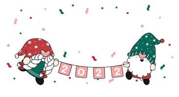 Two cute gnome holding 2022 flag, Christmas and new year gnome boy and girl cartoon hand drawn vector