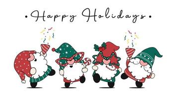 Group of four happy cute Christmas gnomes in party theme, Happy Holidays, cartoon hand drawn doodle flat vector