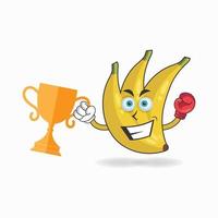 The Banana mascot character wins a boxing trophy. vector illustration