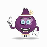 el personaje de la mascota de la cebolla morada se convierte en un atleta corriendo. ilustración vectorial vector