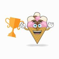 Personaje de mascota de helado con un trofeo en la mano derecha. ilustración vectorial vector