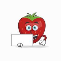 Strawberry mascot character holding a white blackboard. vector illustration