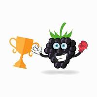 The Grape mascot character wins a boxing trophy. vector illustration