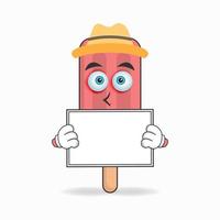 Red Ice Cream mascot character holding a white blackboard. vector illustration