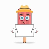 Red Ice Cream mascot character holding a white blackboard. vector illustration