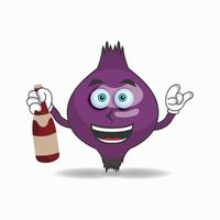 Personaje de mascota de cebolla morada sosteniendo una botella. ilustración vectorial vector