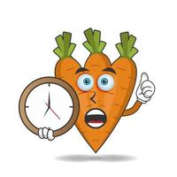 personaje de mascota de zanahoria sosteniendo un reloj de pared. ilustración vectorial vector