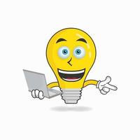 Bulb mascot character with laptop in right hand. vector illustration