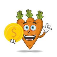 Carrot mascot character holding coins. vector illustration