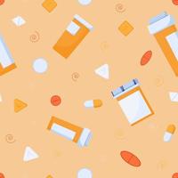 Seamless pattern of pills and orange containers. Pills and drugs, capsules prescribed by a doctor in a flat style. vector