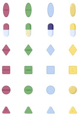 A set of various tablets in a flat style, isolated on a white background. Pills and drugs, capsules prescribed by a doctor.