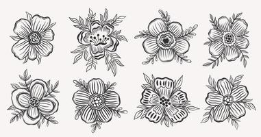 Establecer contorno floral dibujar a mano. Elemento de color negro en fondo blanco.Diseño de flores de plantas botánicas. vector