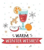 Mulled wine with ingredients postcard. Flat design poster for winter menu. vector