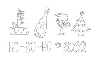 merry Christmas Set one line set. new year elements line art. X-mas collection with Christmas tree and gifts. ho-ho-ho continuous line. 2022 outline winter.