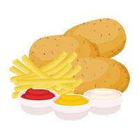 Fried and whole potato and sauce bowls vector