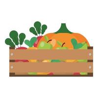 Caja de madera llena de frutas y verduras de cosecha. vector