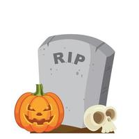 Halloween gravestone with skull and pumpkin lantern illustration vector