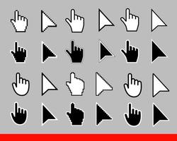 24 flechas blancas y puntero conjunto de iconos de cursor de mano. Pixel y versión moderna de los signos de los cursores. símbolos de dirección y toque los enlaces y presione los botones aislados en la ilustración de vector de fondo gris.