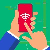 mano que sostiene el teléfono móvil negro aislado en el fondo de la pared. Smartphone en la mano del ser humano sin wifi o signo de símbolo de wi-fi gratuito e ilustración de vector de diseño plano de pantalla táctil de puntero de dedo índice